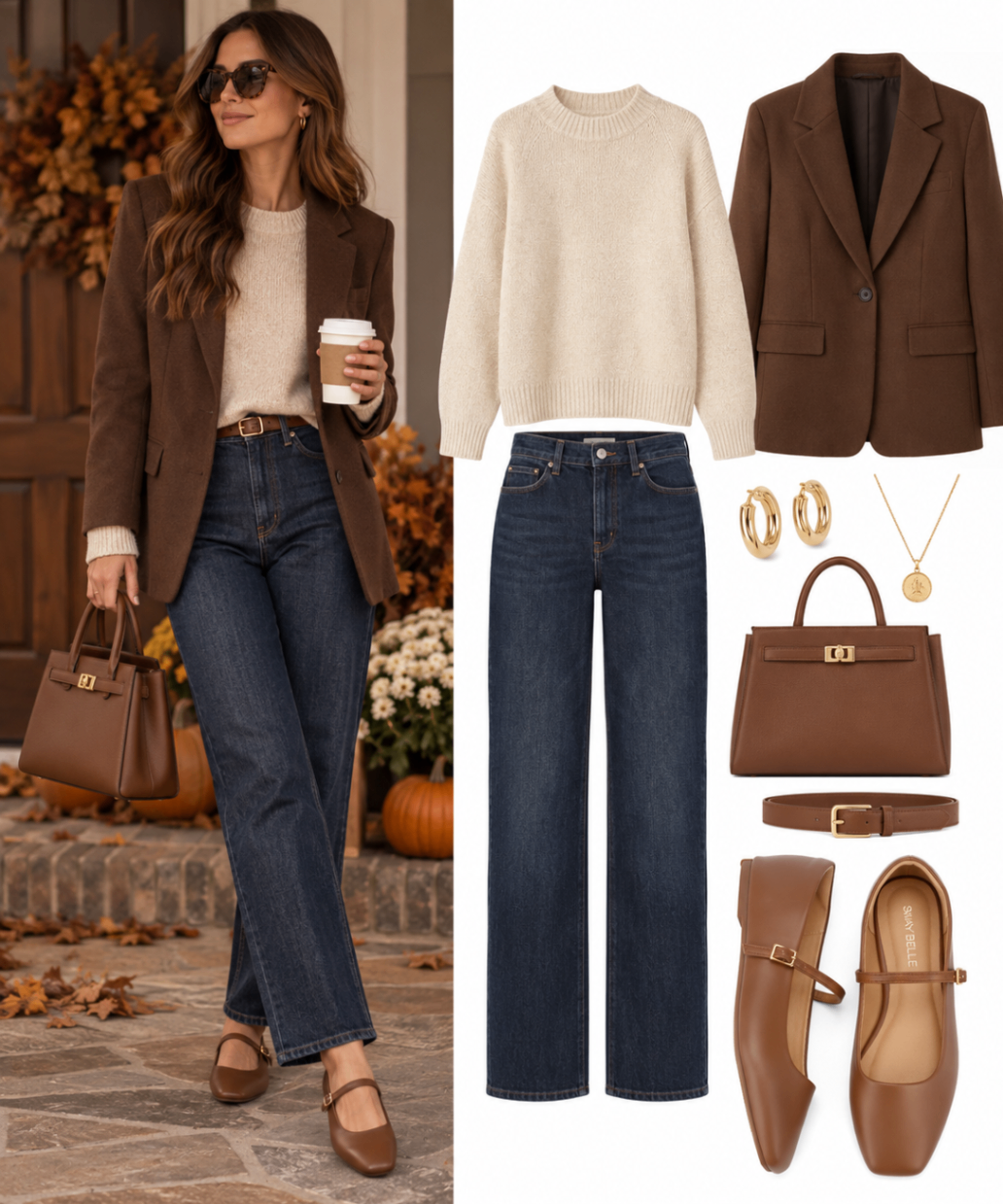 Outfit de Acción de Gracias con jeans rectos, suéter oatmeal, blazer chocolate y zapatos Mary Jane camel