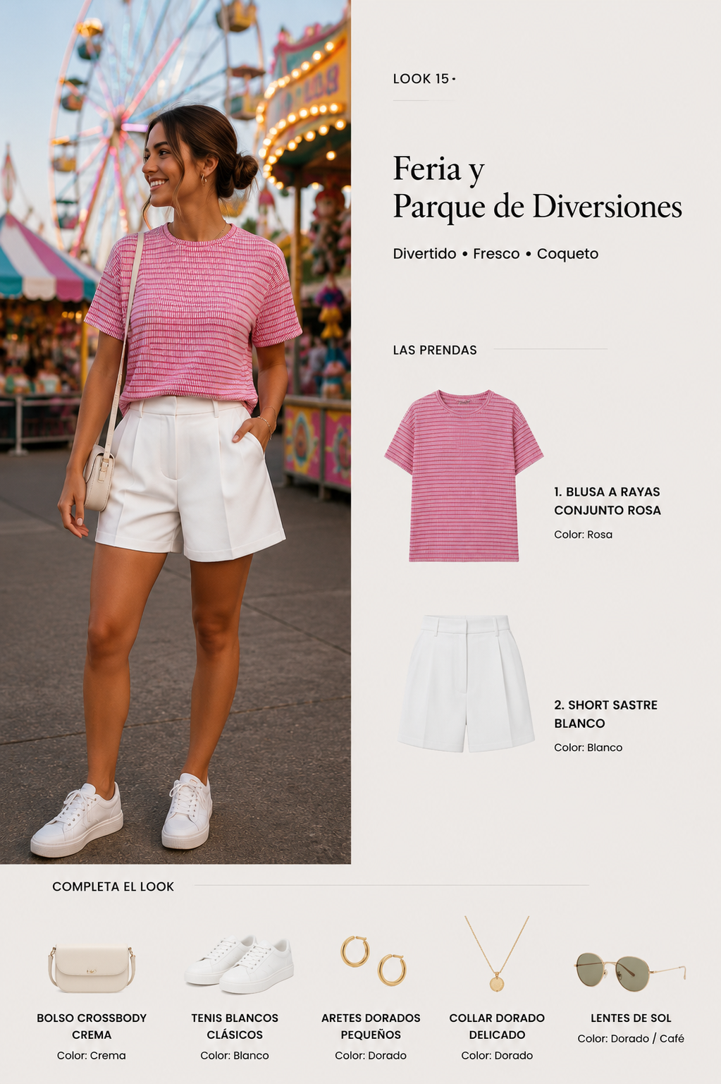 Look 15 con top rosa a rayas y short sastre blanco para una feria de verano
