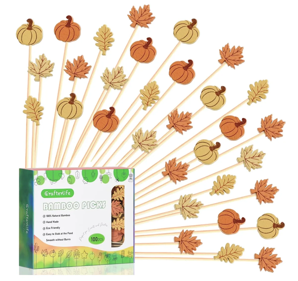 Palillos de bambú decorados con calabazas y hojas otoñales