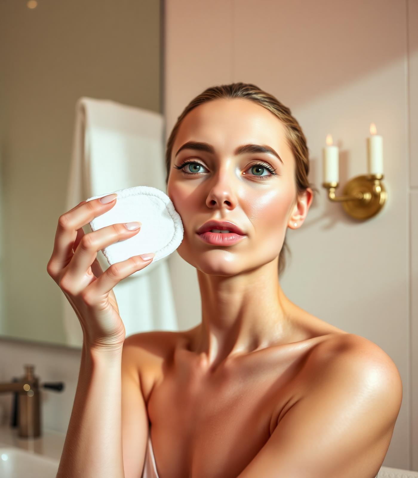 Aplicación elegante de tónico facial con algodón