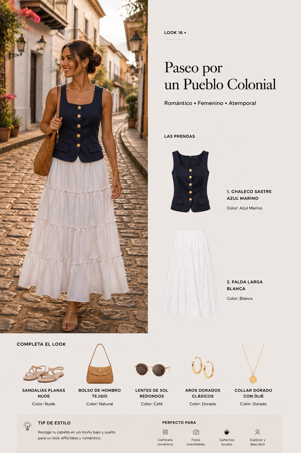 Look 16 con chaleco navy y falda larga blanca para un paseo por un pueblo colonial