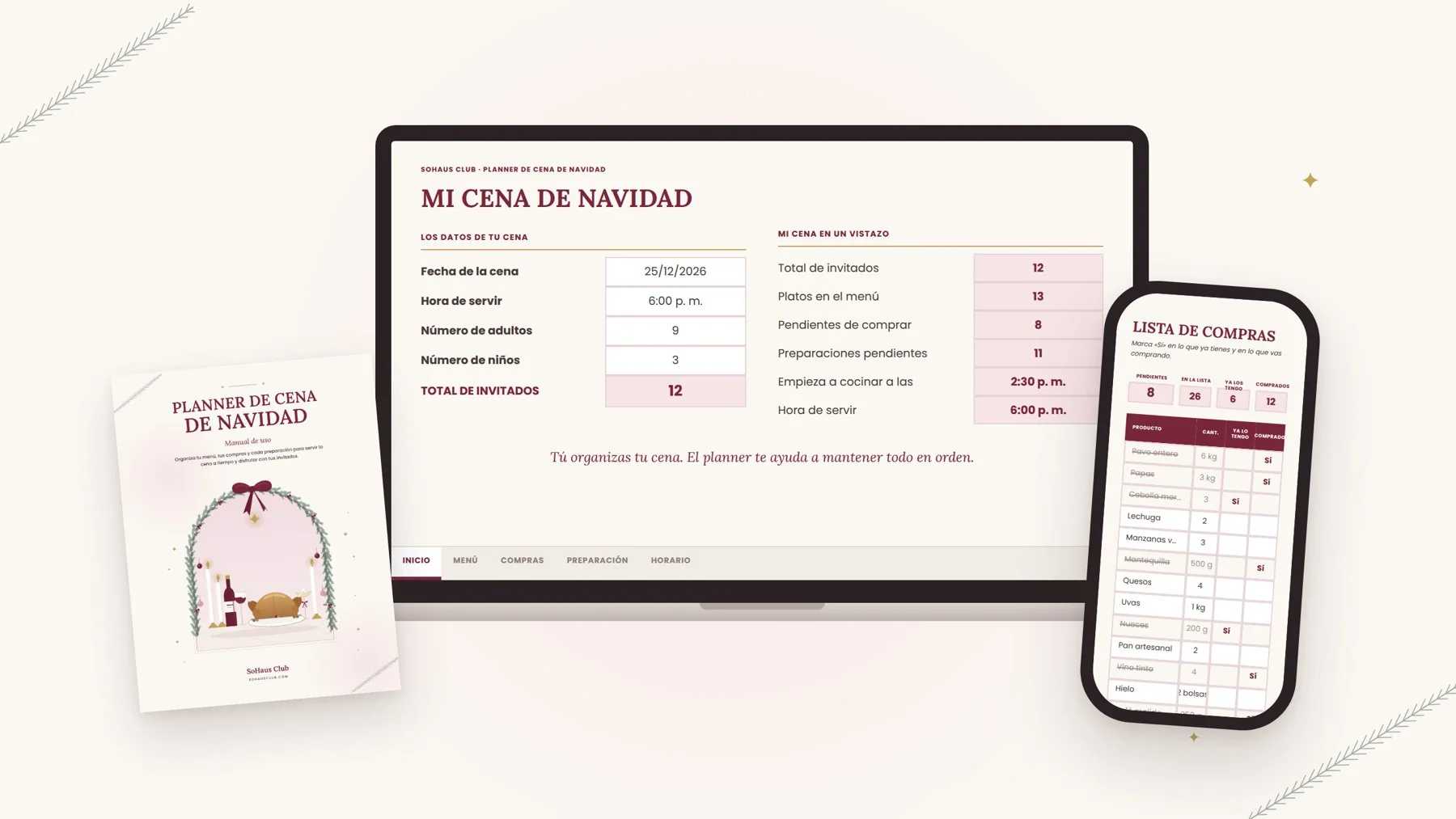 Planner de Cena de Navidad mostrado en tablet, celular y computadora