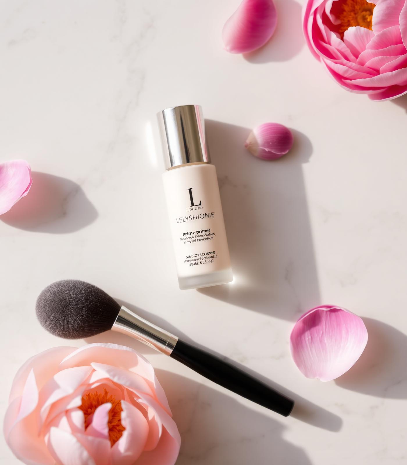 Flat lay editorial de productos de maquillaje premium