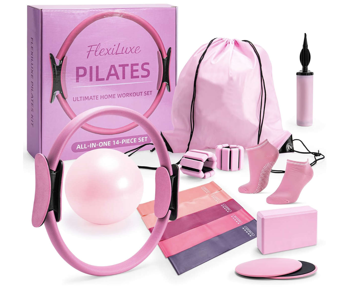 Kit rosa de Pilates de 14 piezas con aro, pelota, bandas, sliders y calcetines antideslizantes