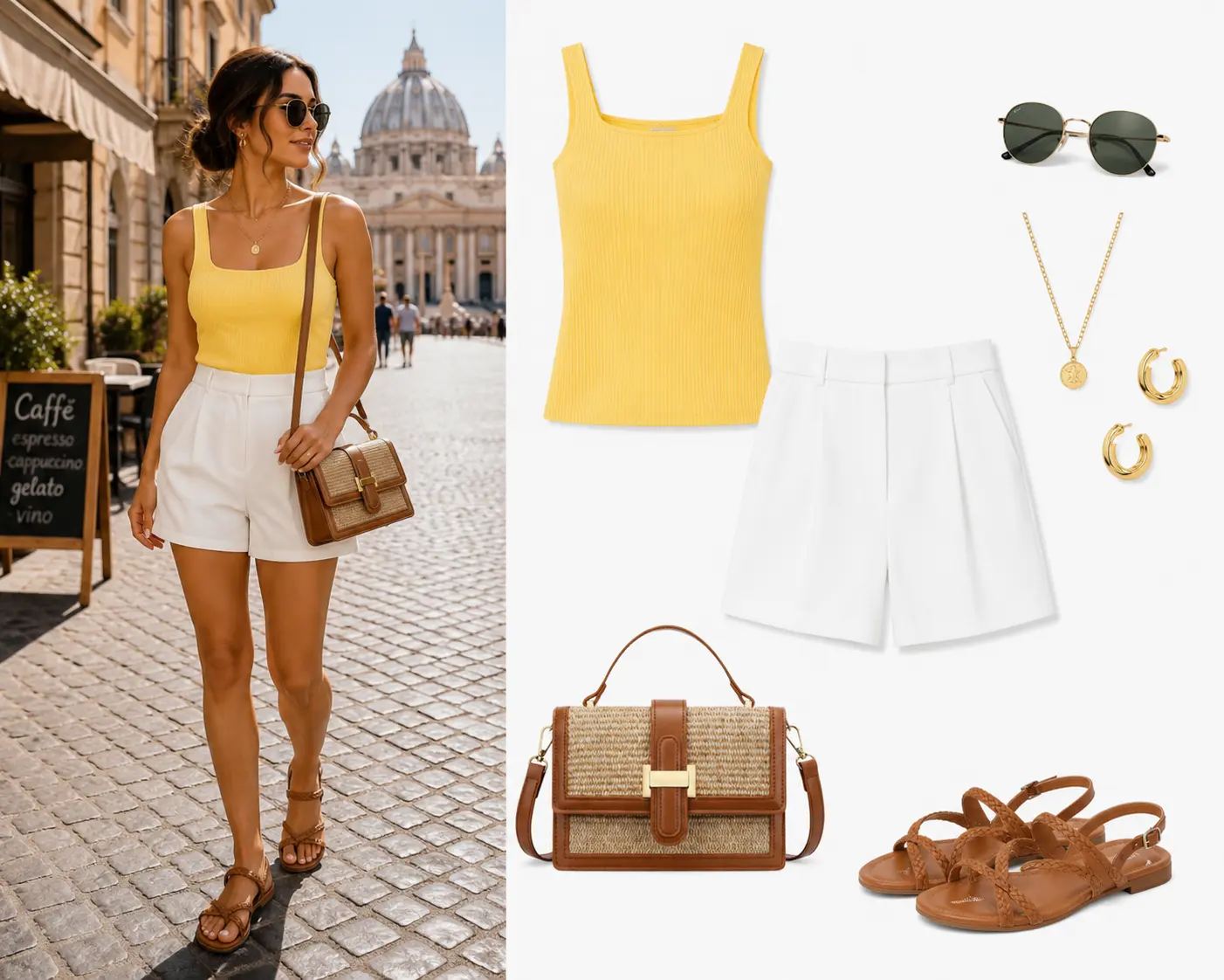 Look de mañana de verano en Roma: tank amarillo, short blanco, bolso camel y sandalias camel