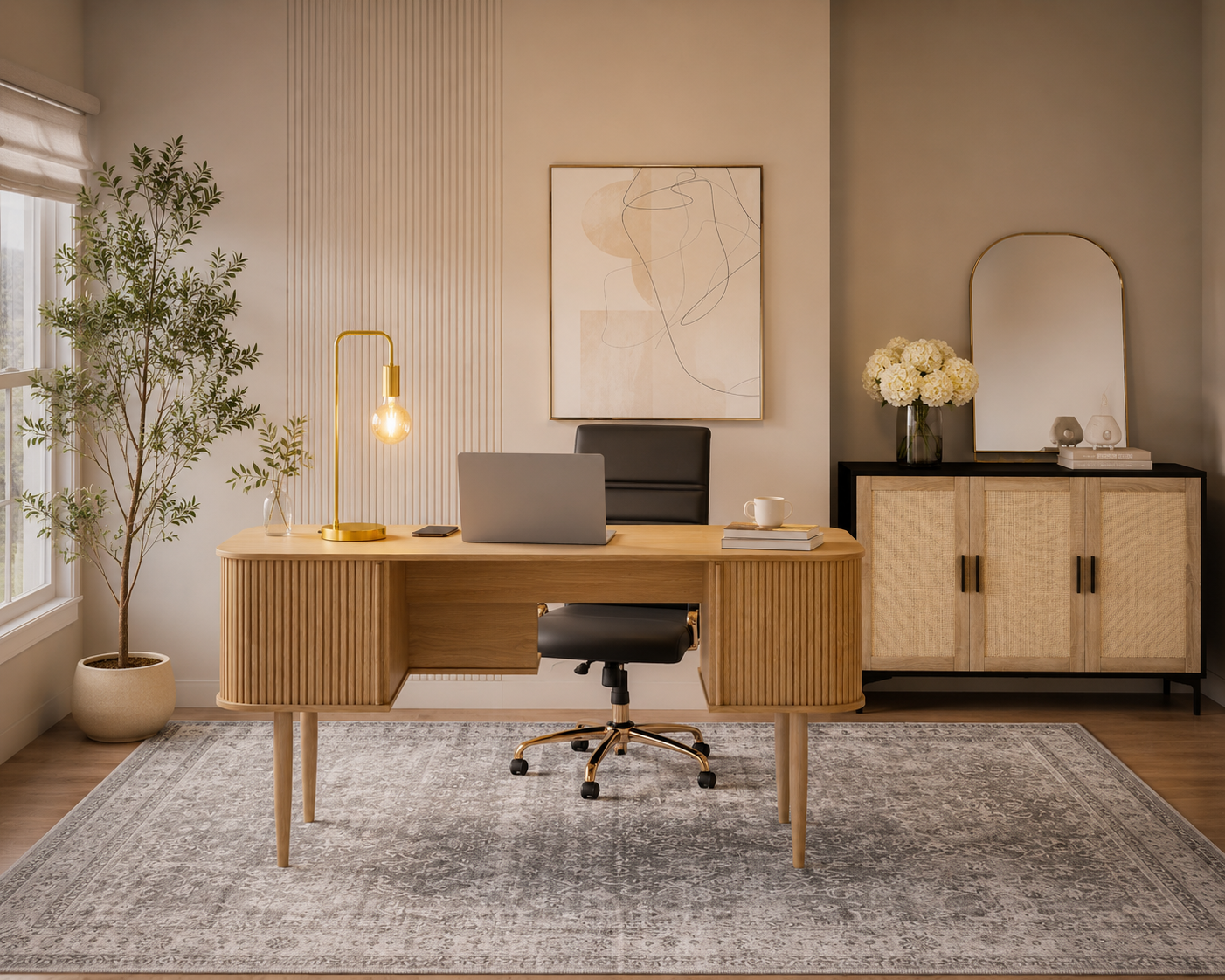 Home office Moody and Luxury con madera oscura negro y detalles dorados