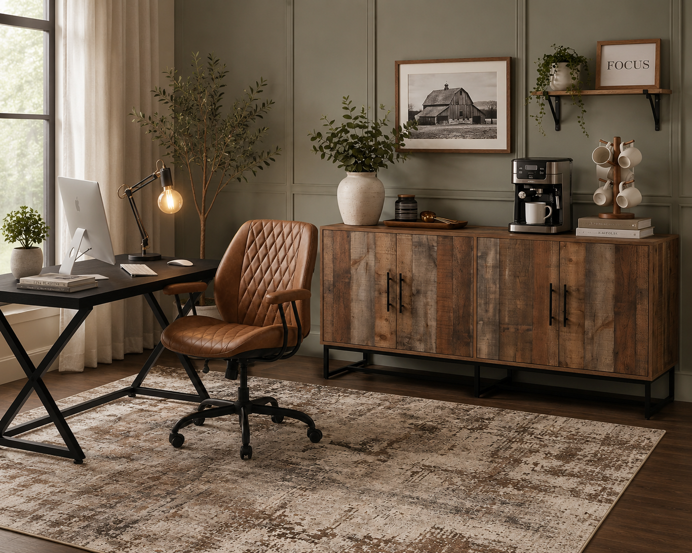 Oficina en casa estilo Old Money con escritorio negro y silla cognac