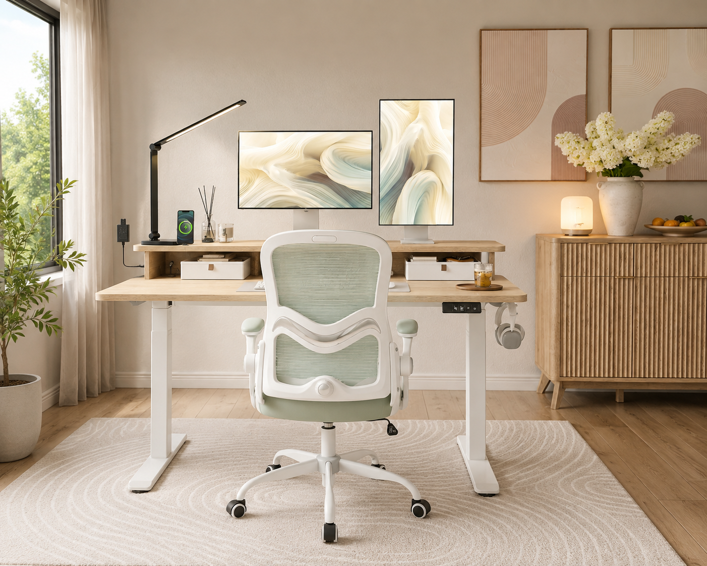 Home office minimalista cálido con madera clara y silla verde sage