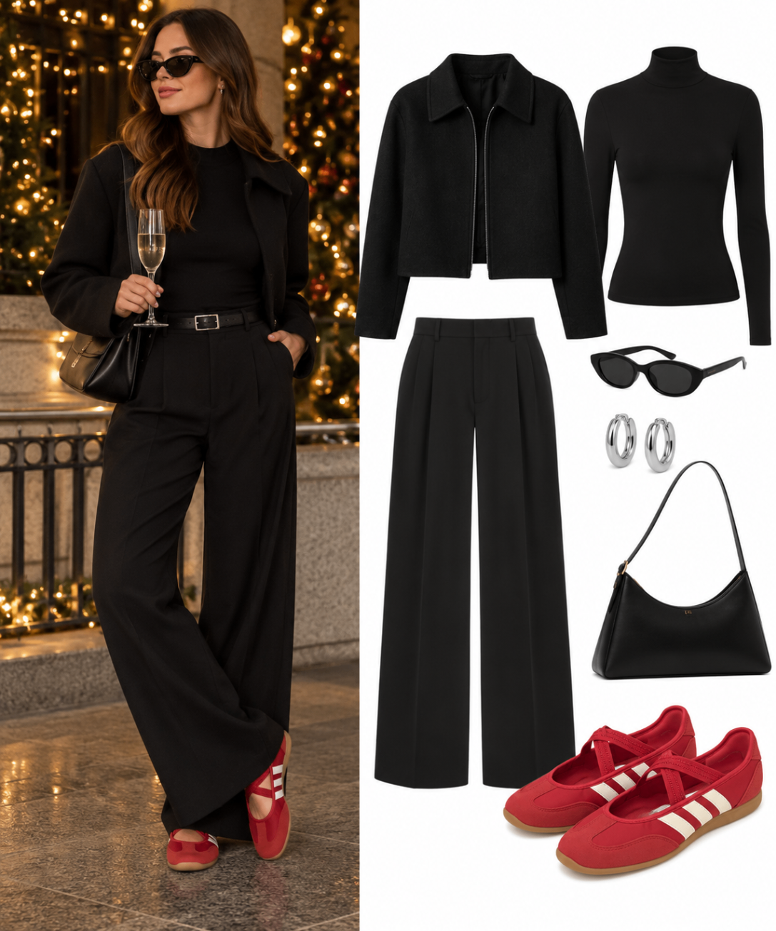 Outfit de Año Nuevo total black con pantalón de pierna ancha, accesorios plateados y zapatos Mary Jane rojos