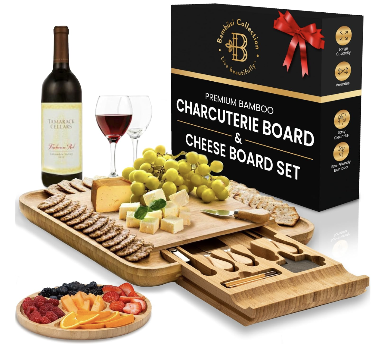 Tabla de charcutería de bambú con accesorios y diferentes espacios para servir aperitivos
