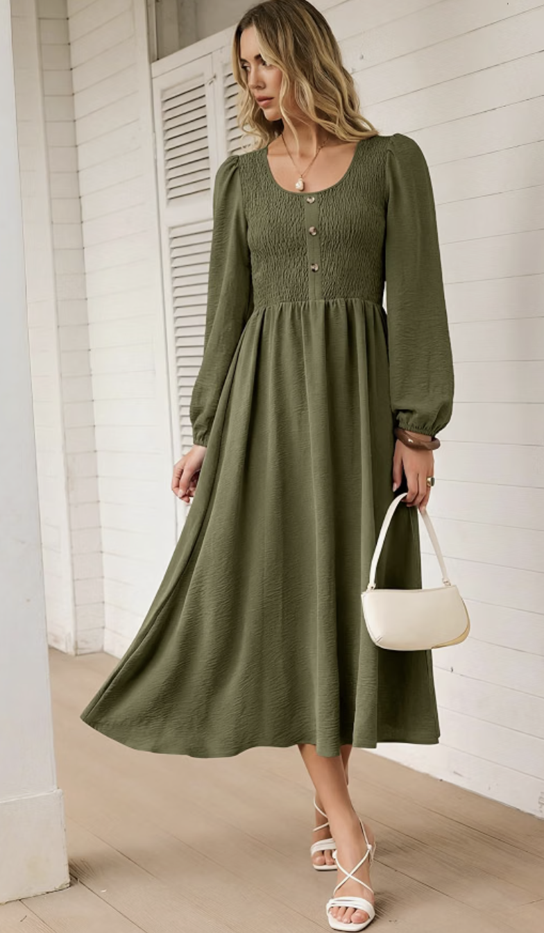 Vestido midi verde oliva de manga larga con silueta romántica