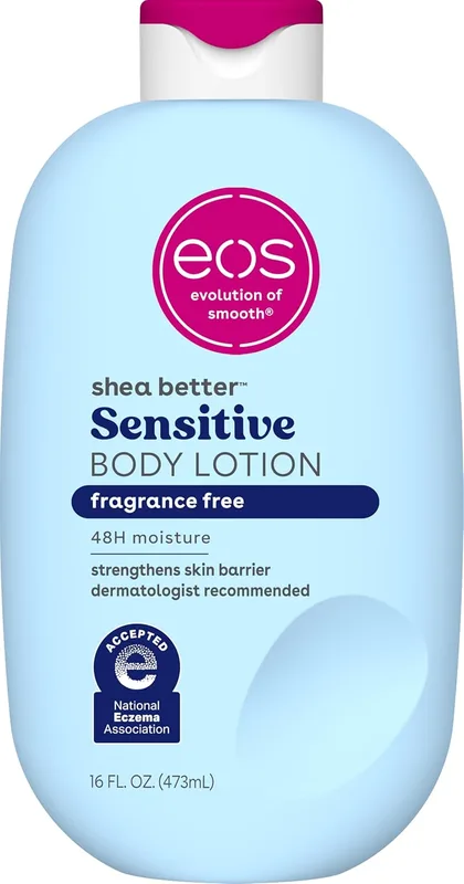 Loción corporal eos Shea Better Sensitive sin fragancia, frasco celeste