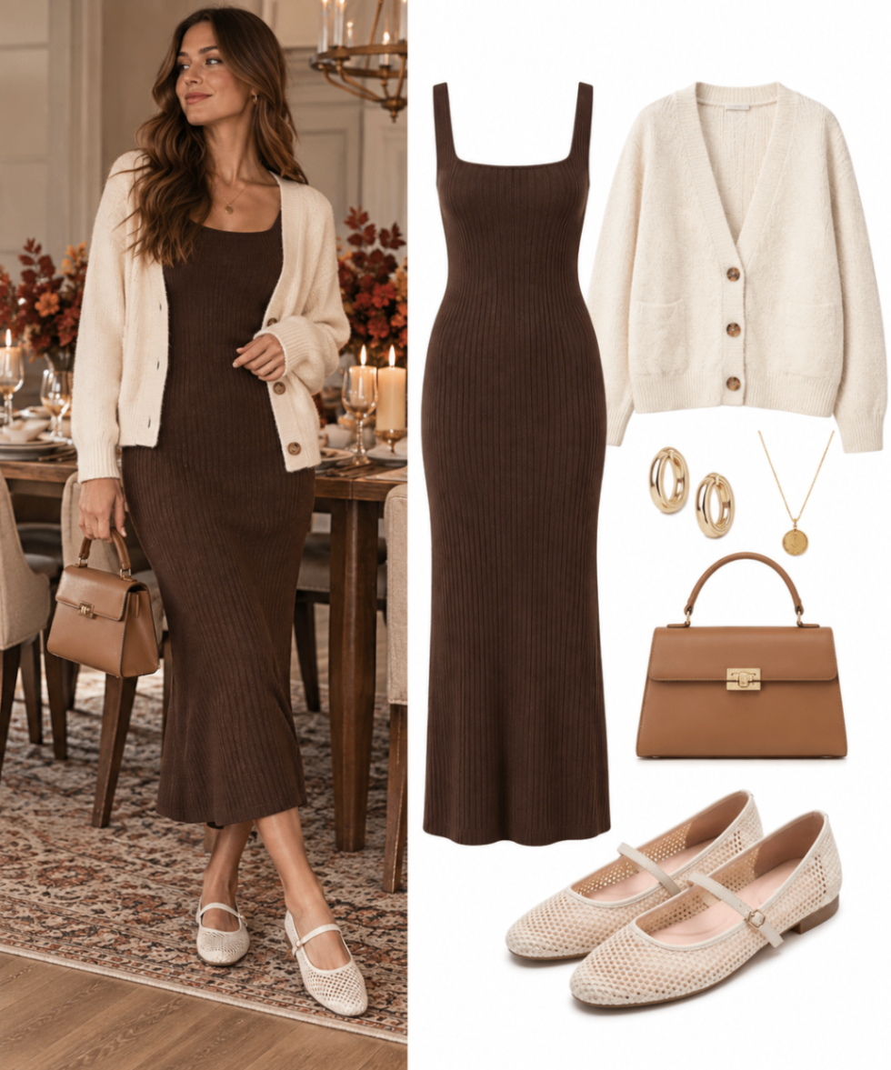 Outfit de Acción de Gracias con vestido midi tejido chocolate, cardigan crema y zapatos Mary Jane crema