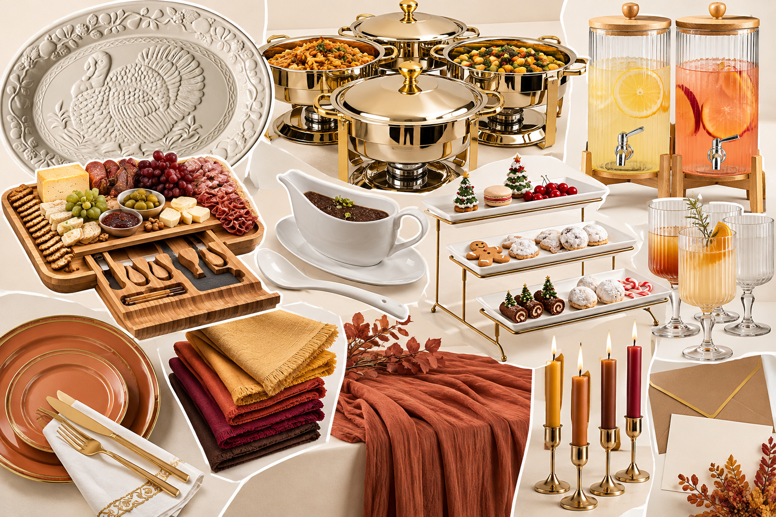 Collage editorial de piezas para servir Thanksgiving: fuentes doradas, gravy boat, dispensadores, copas, servilletas otoñales, velas y vajilla desechable