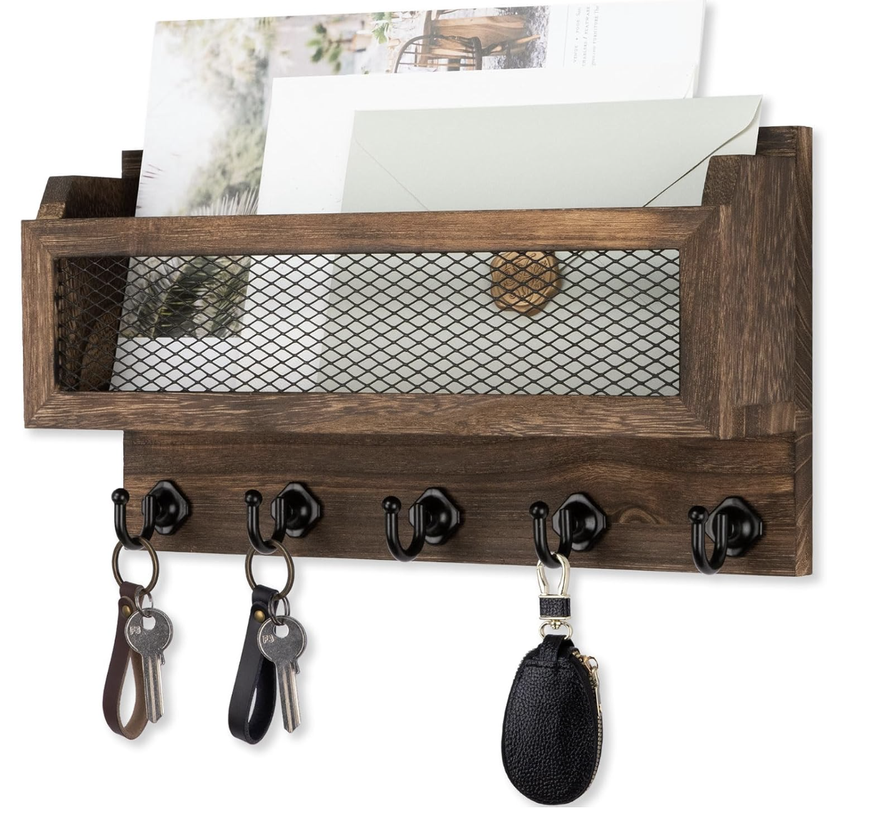 Organizador de pared de madera con compartimento para cartas y ganchos para llaves