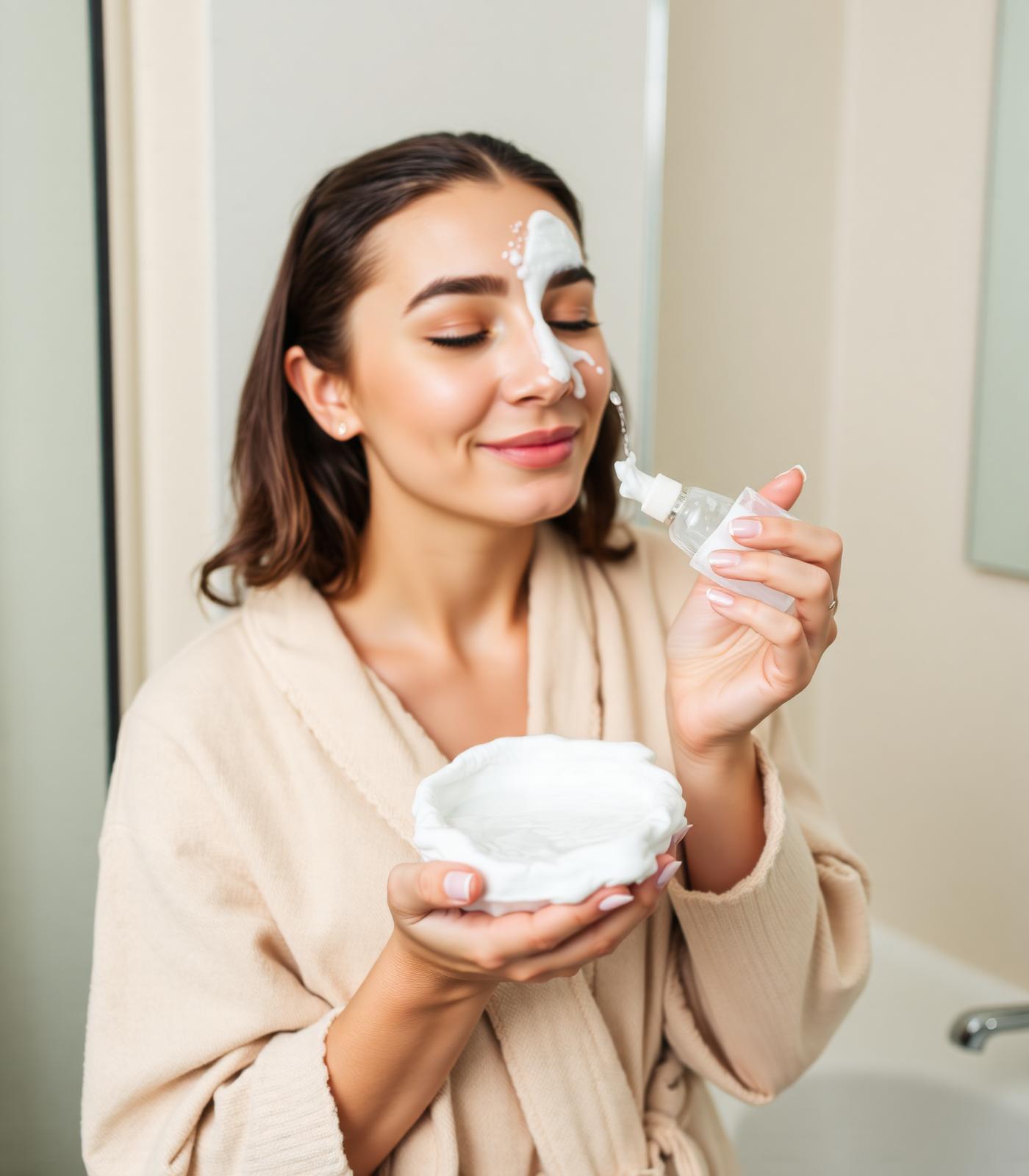 Mujer realizando su limpieza facial matinal