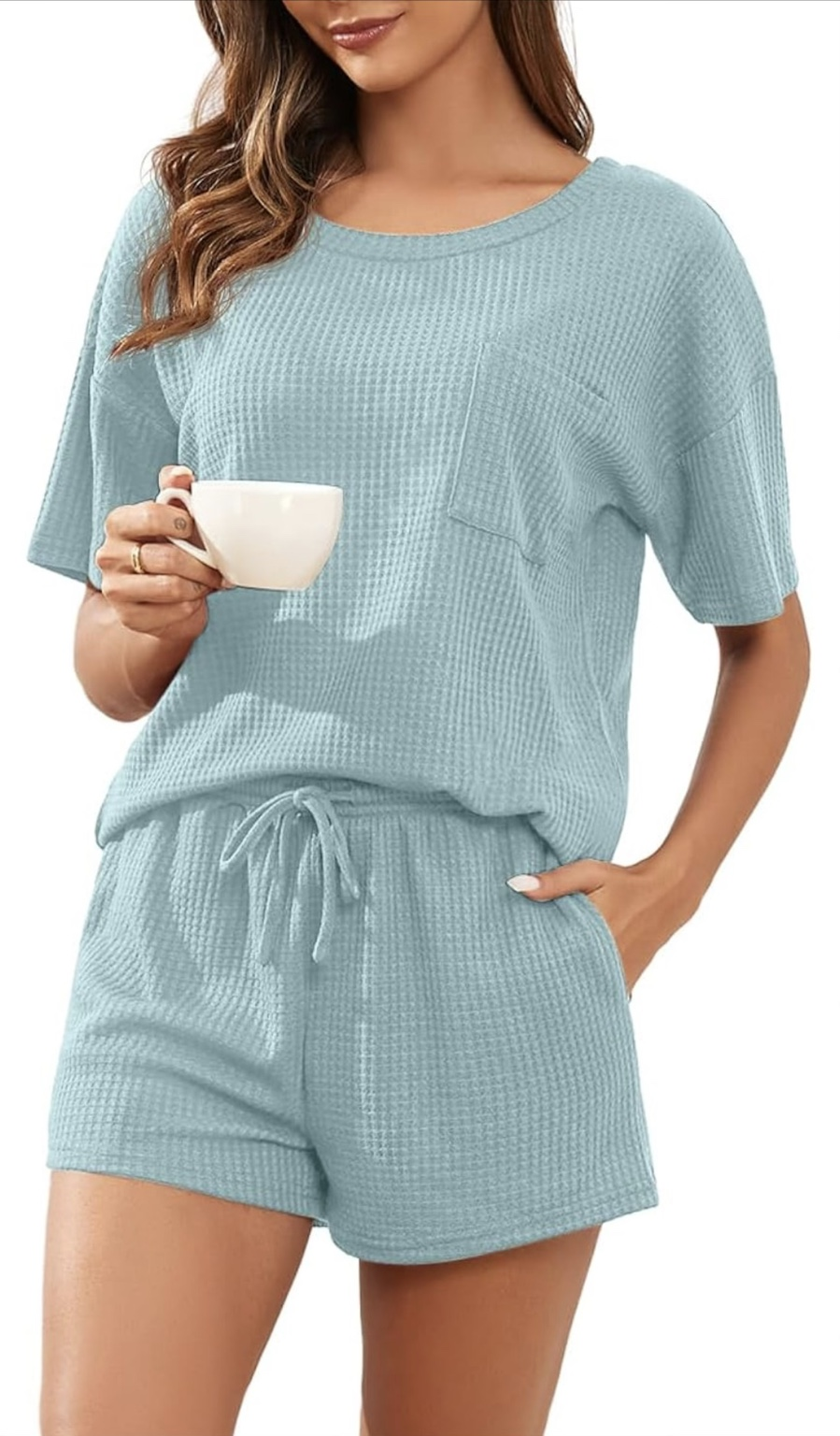 Conjunto de punto gofre azul verdoso con camiseta de manga corta y shorts