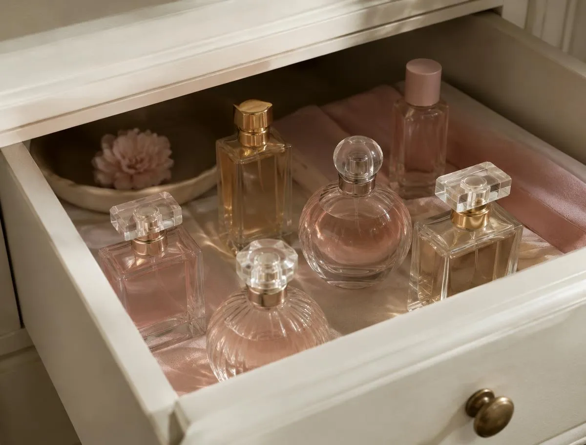 Frascos de perfume guardados en un cajón crema, protegidos de la luz del sol