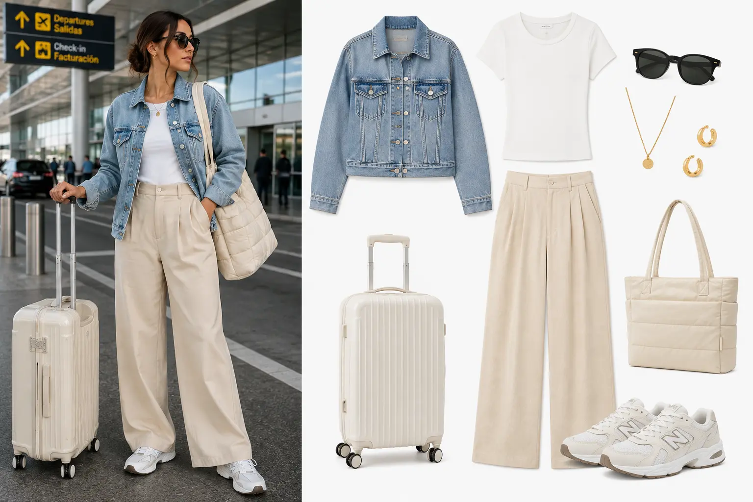 Look de aeropuerto: top blanco, chaqueta denim, pantalón beige, sneakers New Balance y tote acolchado