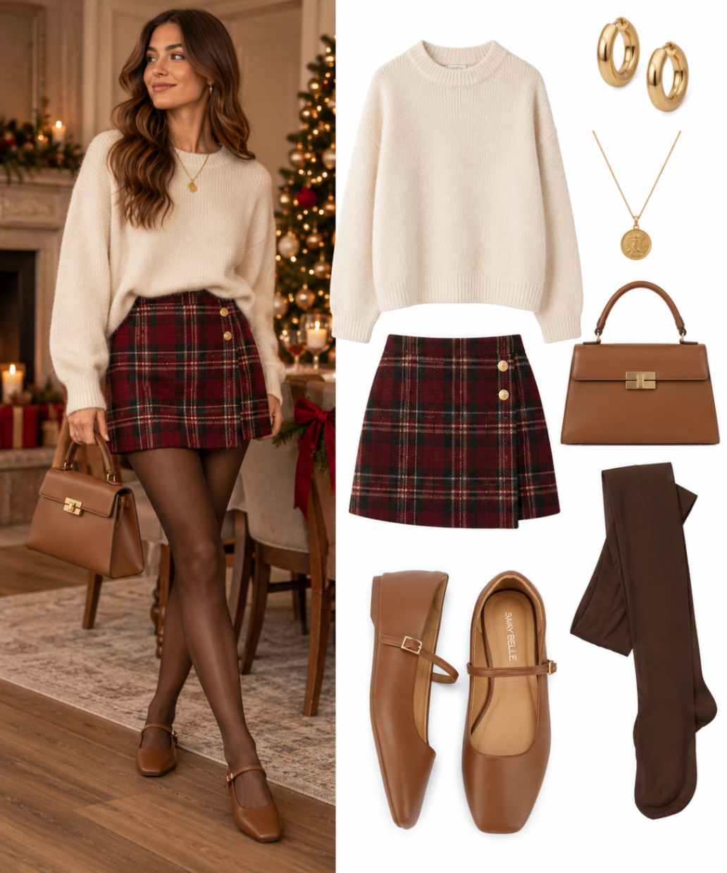 Outfit de Navidad con mini falda tartán burgundy y verde, suéter crema y zapatos Mary Jane camel