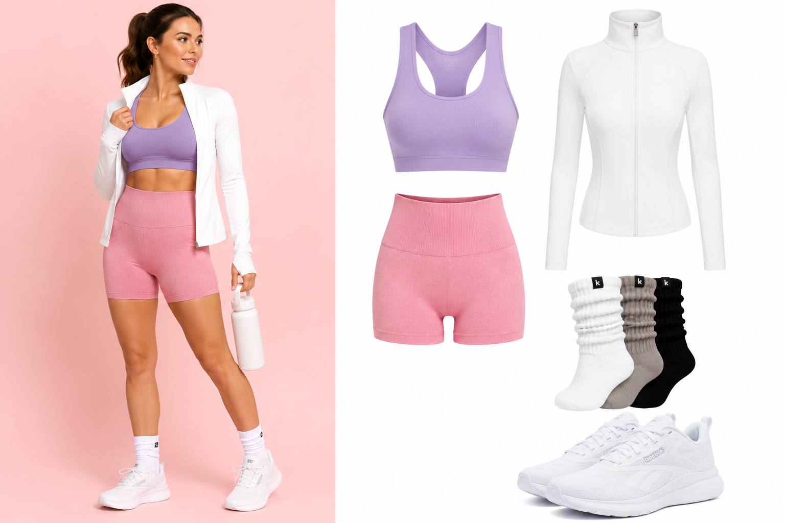 Outfit deportivo con short seamless rosa, sports bra lila y chaqueta blanca