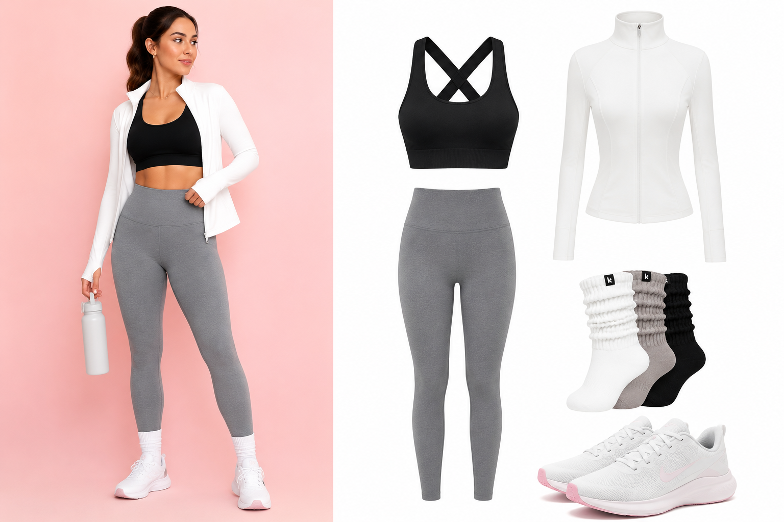 Outfit para el gym: leggings grises, sports bra negro y chaqueta blanca