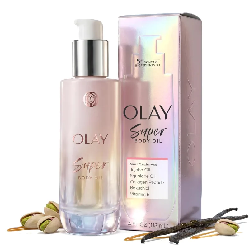 Olay Super Body Oil 5 en 1 con su caja holográfica rosa