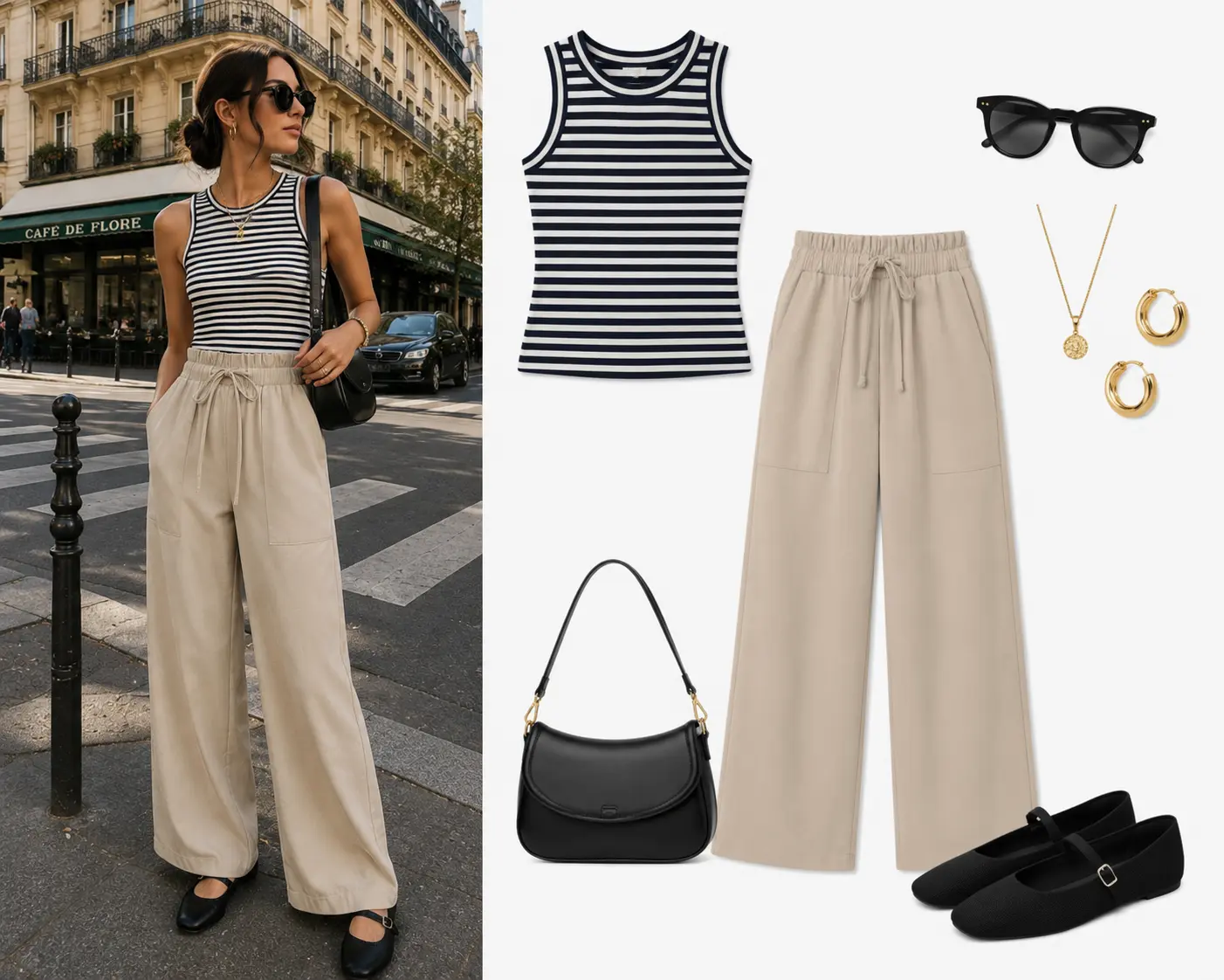 Look para pasear por Lisboa: top de rayas navy y blanco, pantalón beige amplio, Mary Janes negras y bolso negro
