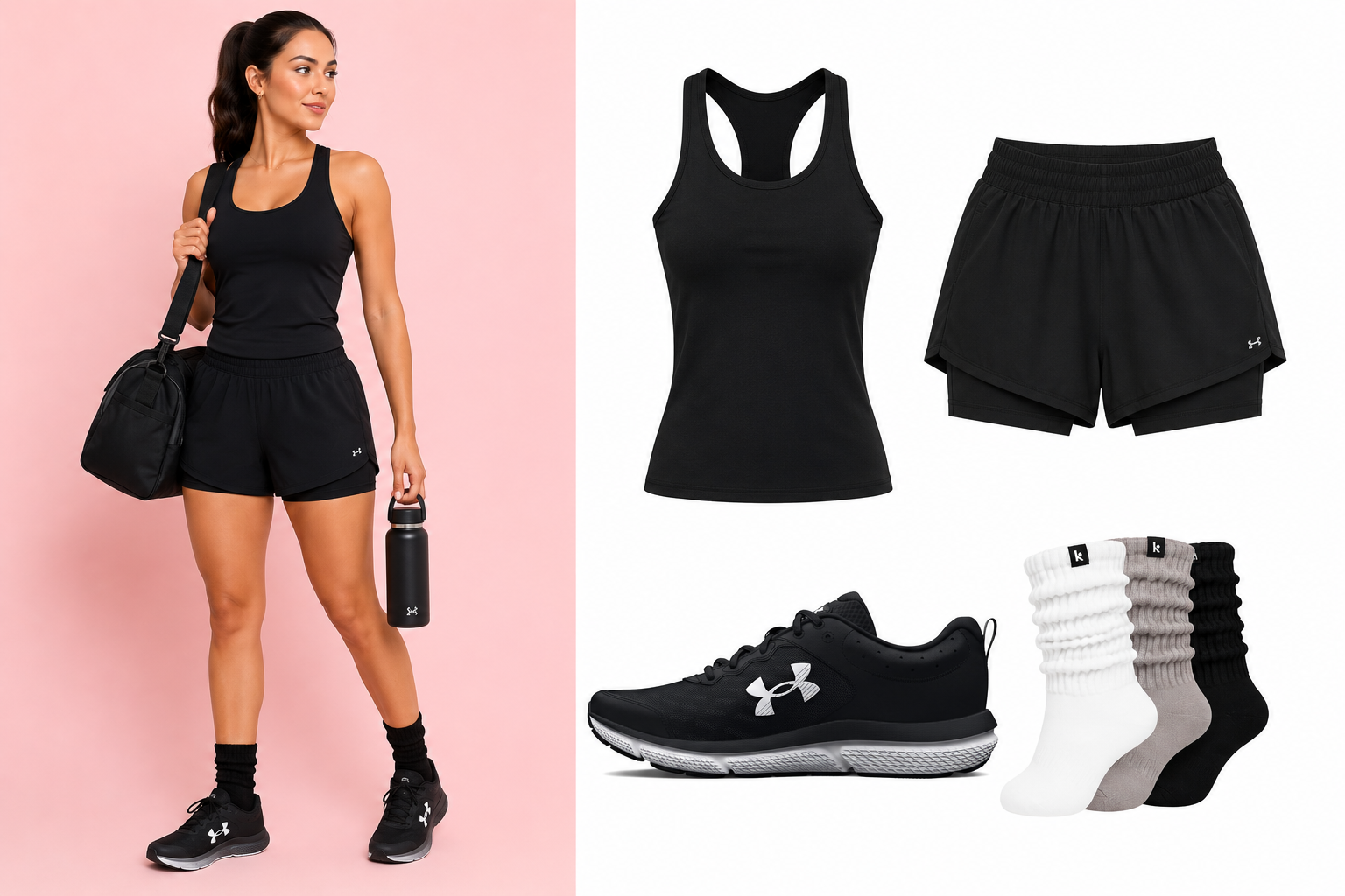 Outfit deportivo en negro con tank top y shorts para entrenamiento de fuerza