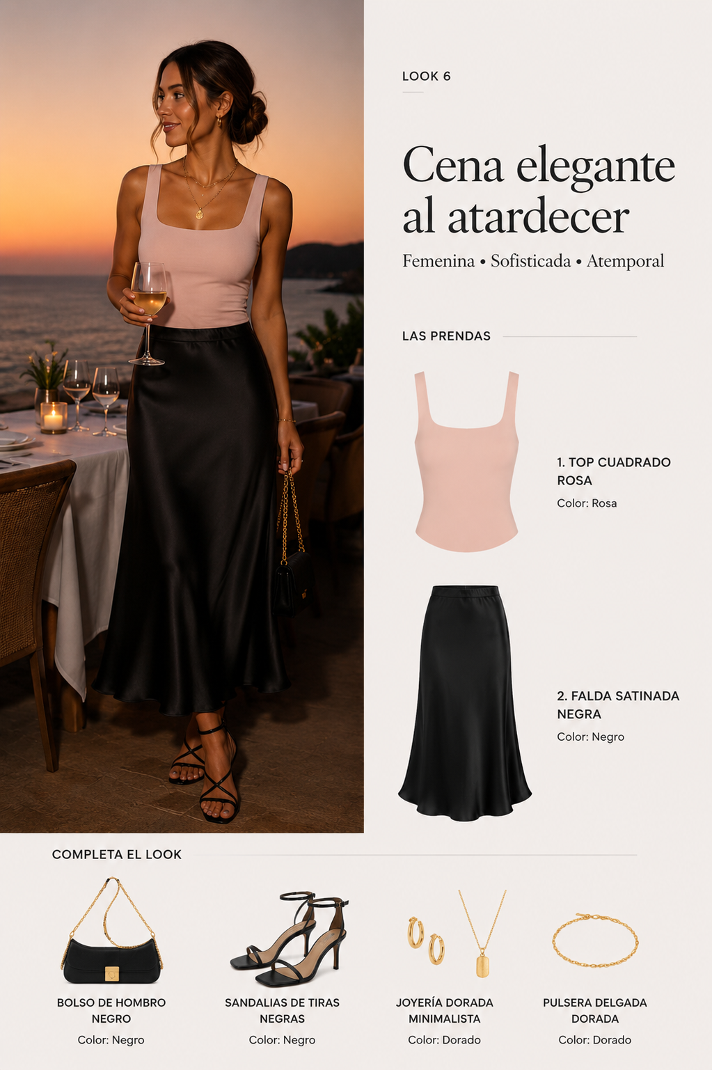 Look 6 con top rosa y falda satinada negra para una cena al atardecer