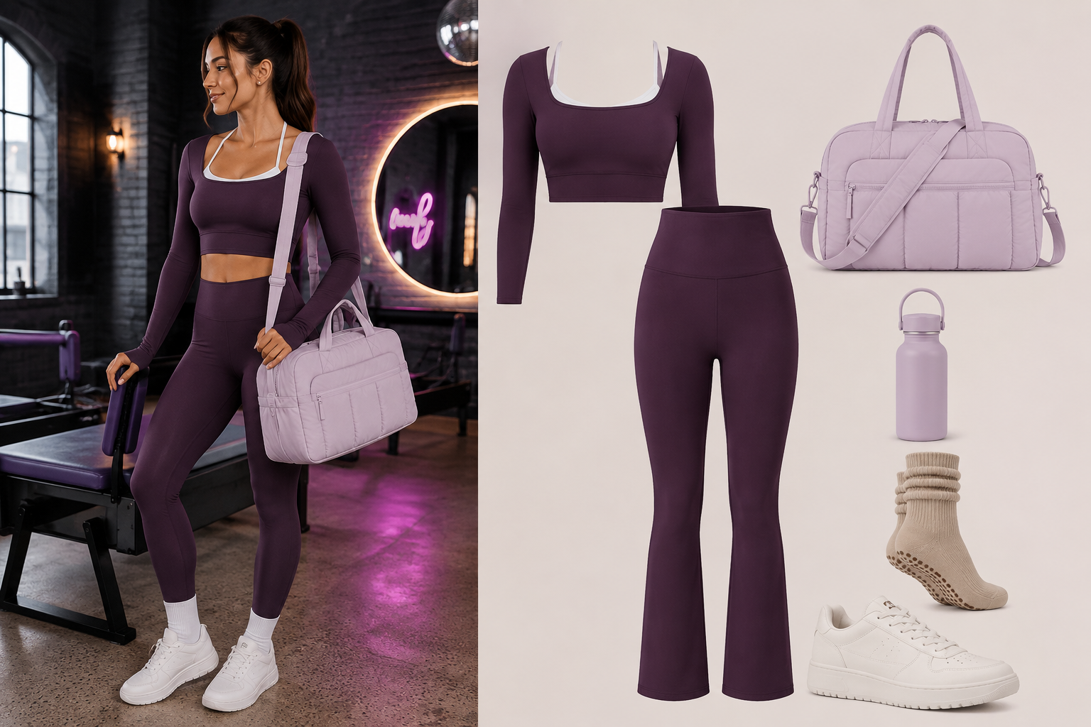 Look 06 · Grape Girl — outfit completo de Pilates con accesorios