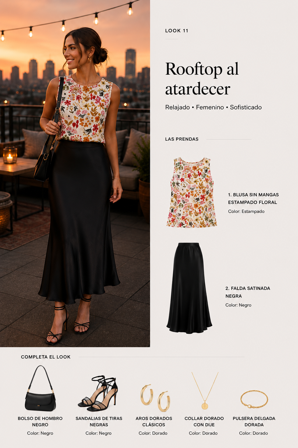 Look 11 con blusa floral y falda satinada negra para cócteles en un rooftop