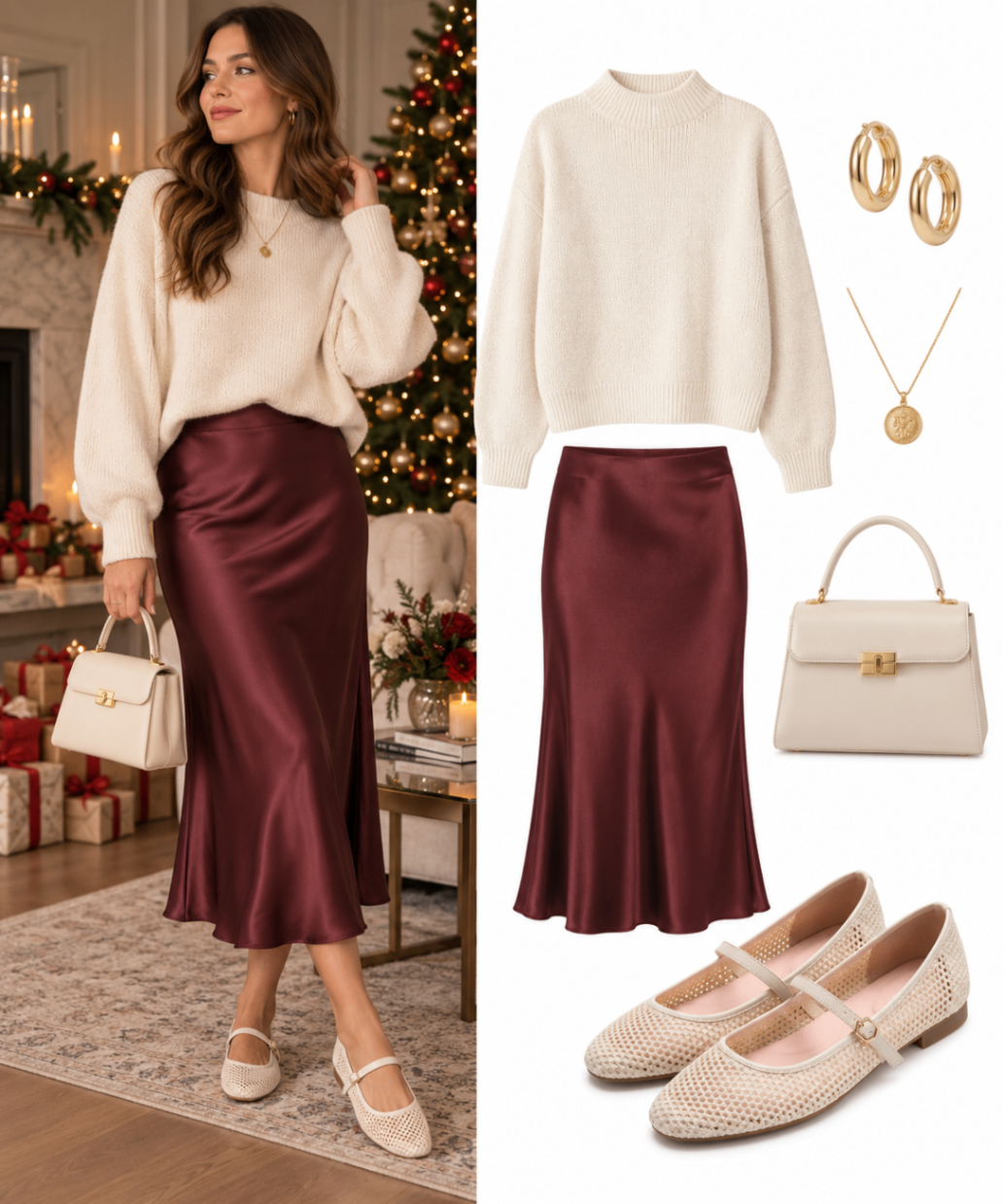 Outfit de Navidad con falda midi satinada burgundy, suéter crema y zapatos Mary Jane crema tejido
