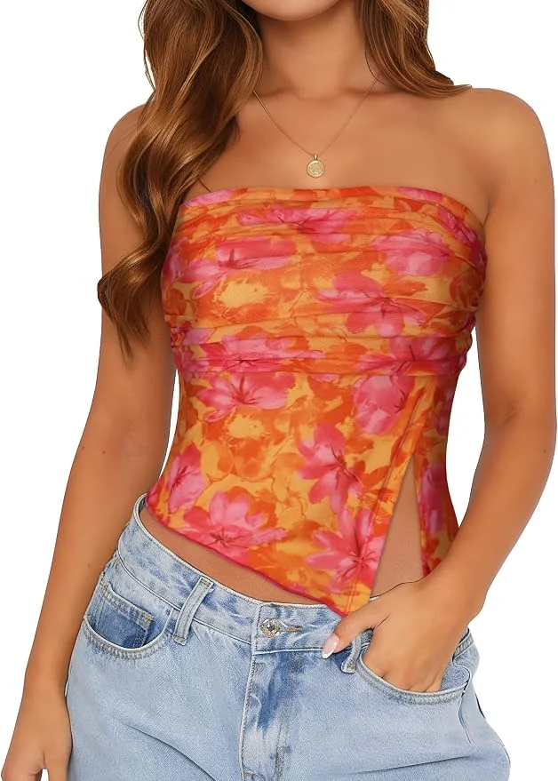 Top strapless floral asimétrico
