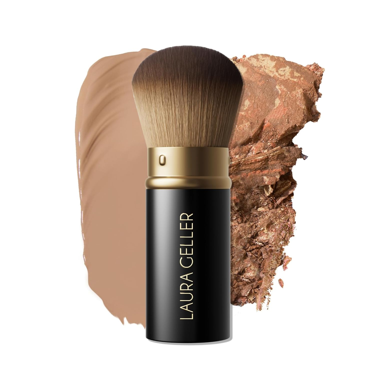 Brocha kabuki retráctil Laura Geller con muestras de base y bronzer