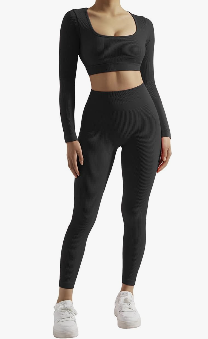Conjunto negro acanalado de manga larga y leggings de cintura alta para Pilates