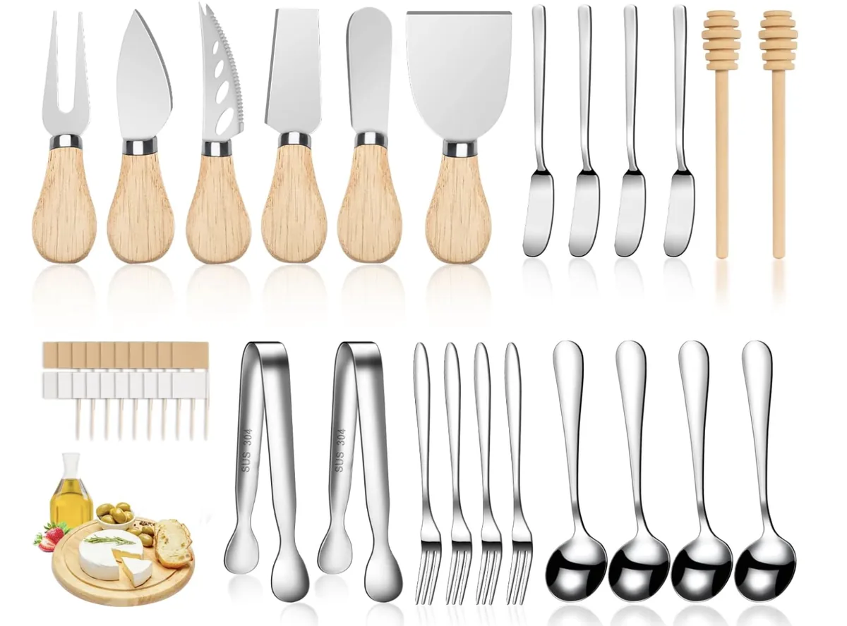 Set de accesorios de madera y acero para quesos y charcutería