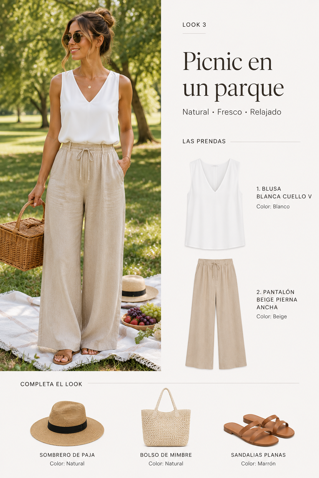 Look 3 con camisa satinada blanca y pantalón caqui de pierna ancha para un picnic