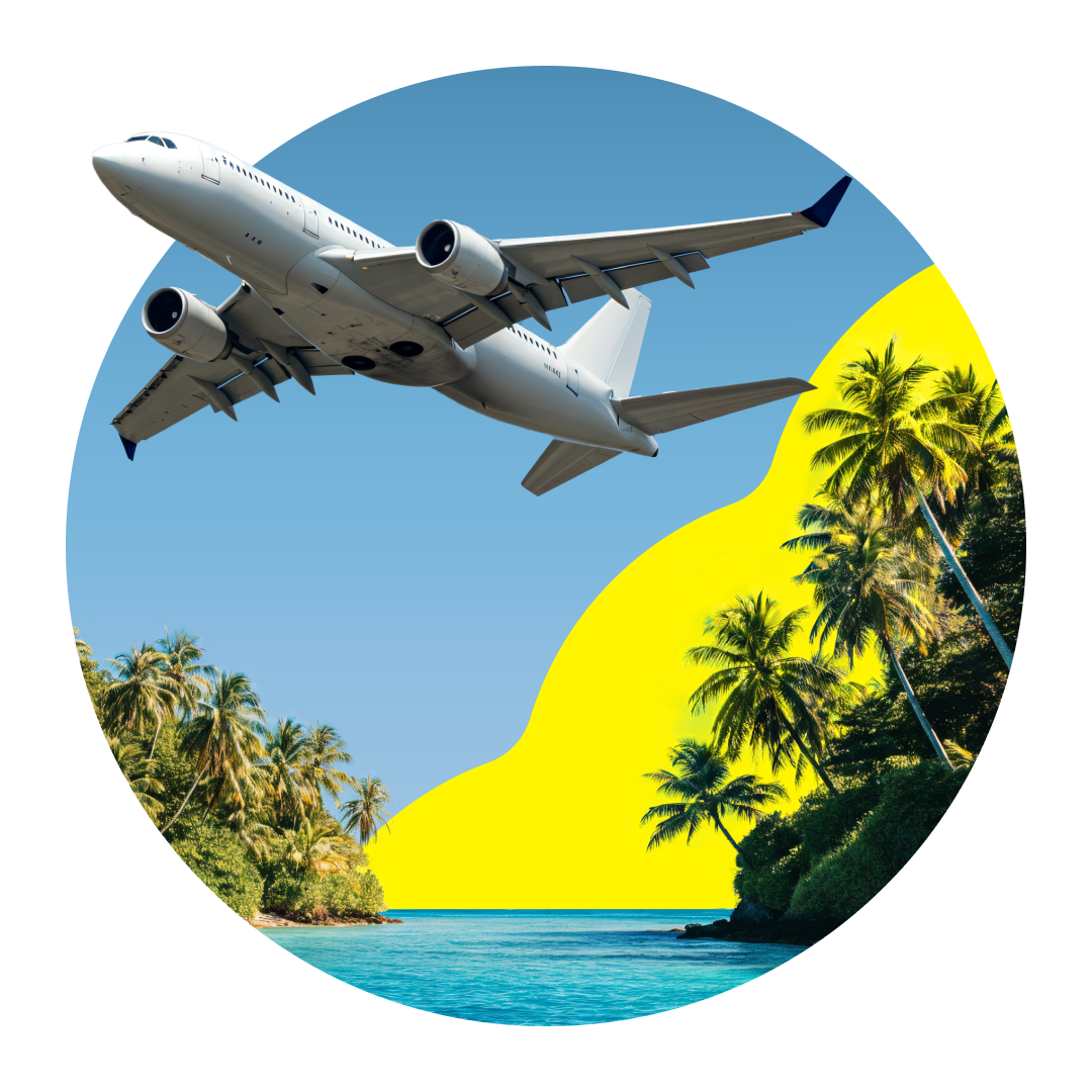 Visual de Saily con un avión sobre una isla tropical para ilustrar viajes multicountry