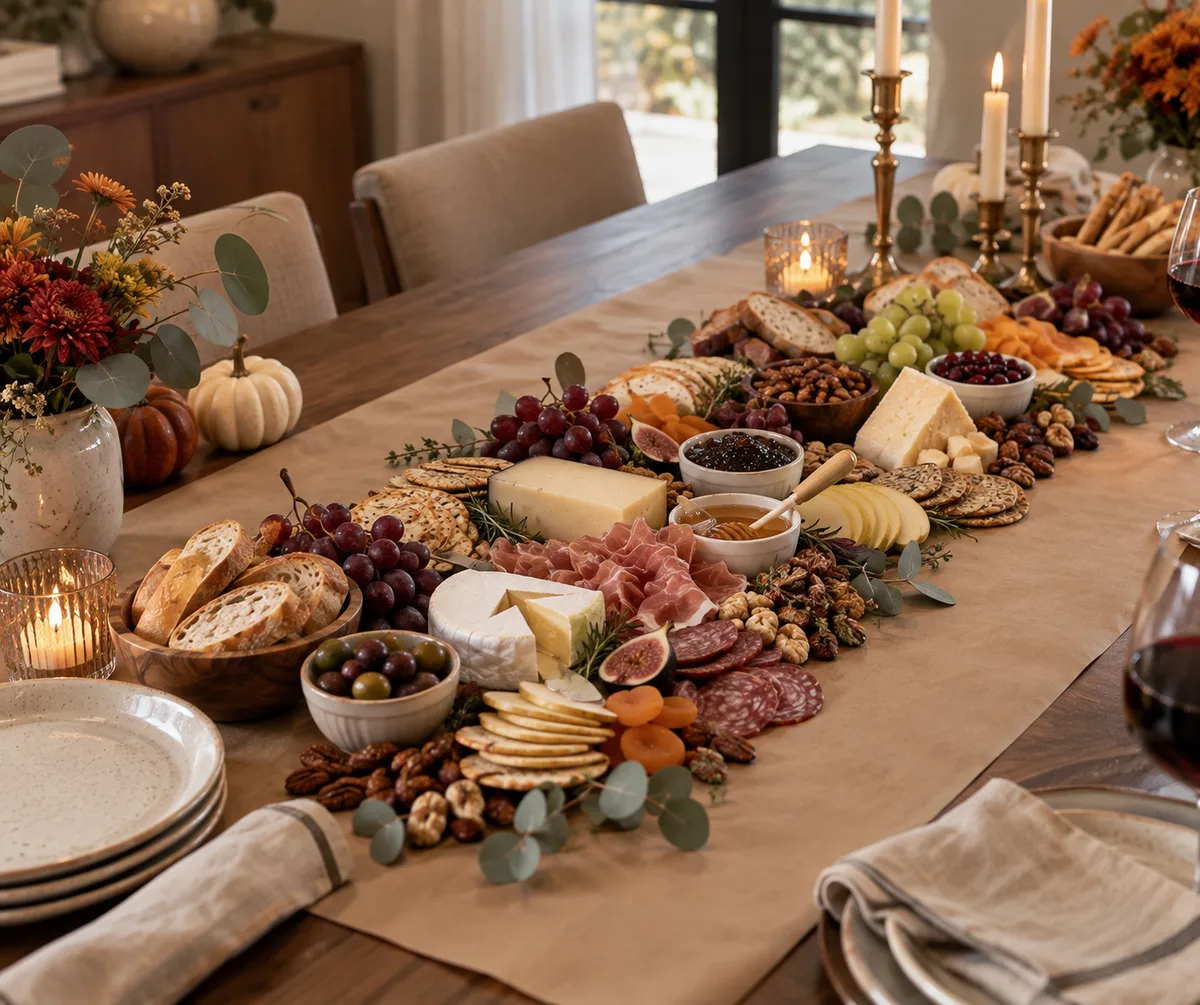 Grazing table de Thanksgiving con papel kraft, quesos, carnes, uvas, higos, crackers, frutos secos y velas