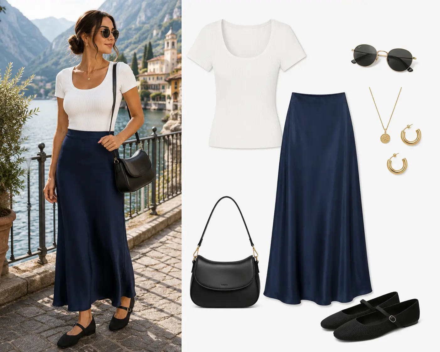 Look junto al lago en Suiza: top blanco, falda satinada azul navy, Mary Janes negras y bolso negro