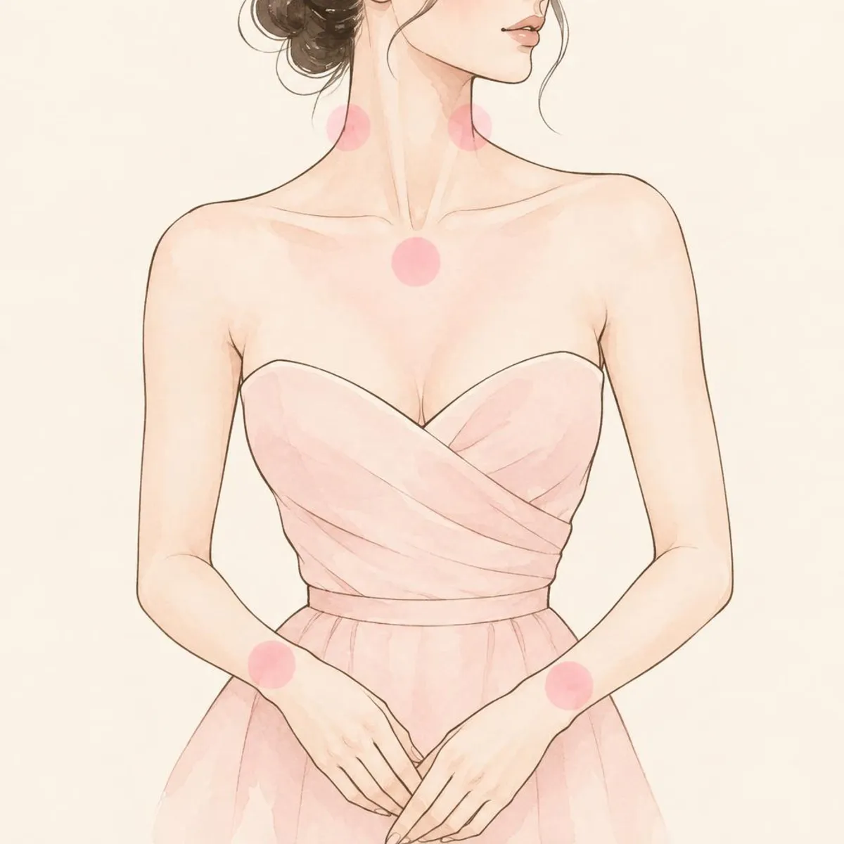 Ilustración de una mujer con las muñecas, los lados del cuello y la parte superior del pecho señalados como zonas habituales para aplicar perfume