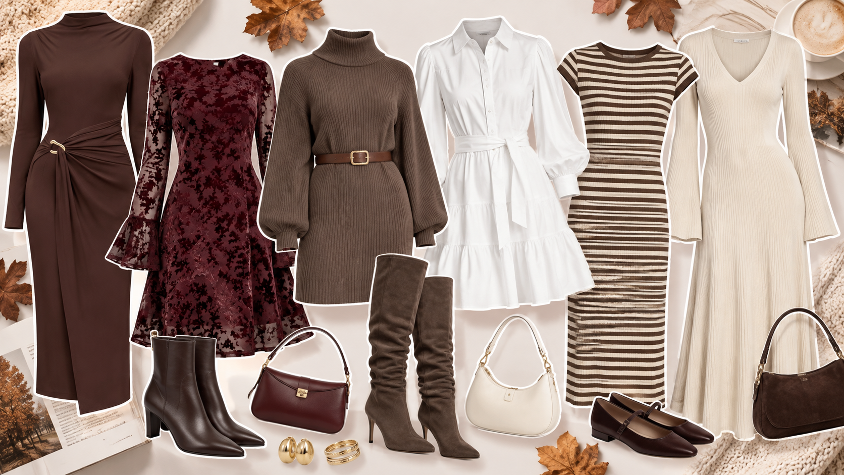Selección de 12 vestidos de otoño e invierno de Amazon en tonos chocolate, burgundy, crema y blanco con botas y bolsos