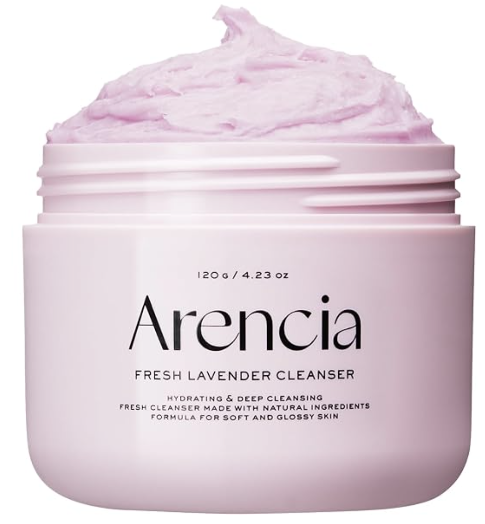 Frasco rosado del limpiador facial Arencia Fresh Lavender con textura mochi
