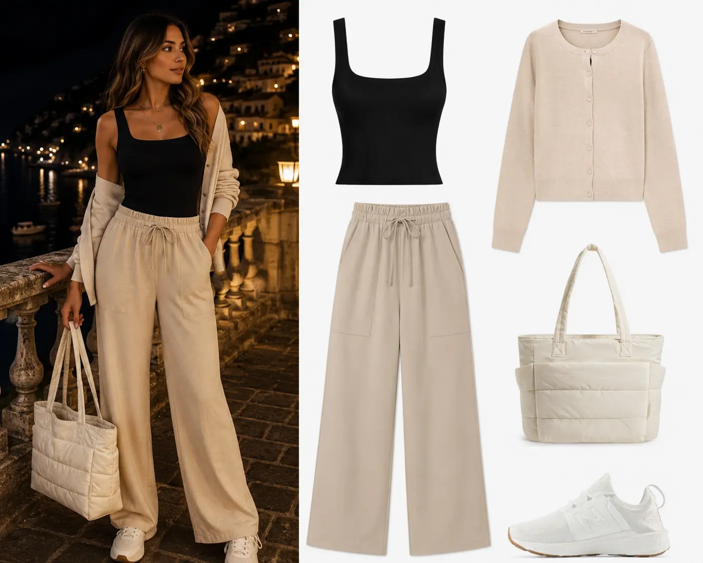 Look de noche en Santorini: tank negro, cardigan beige, pantalón beige, tote acolchado claro y sneakers blancos