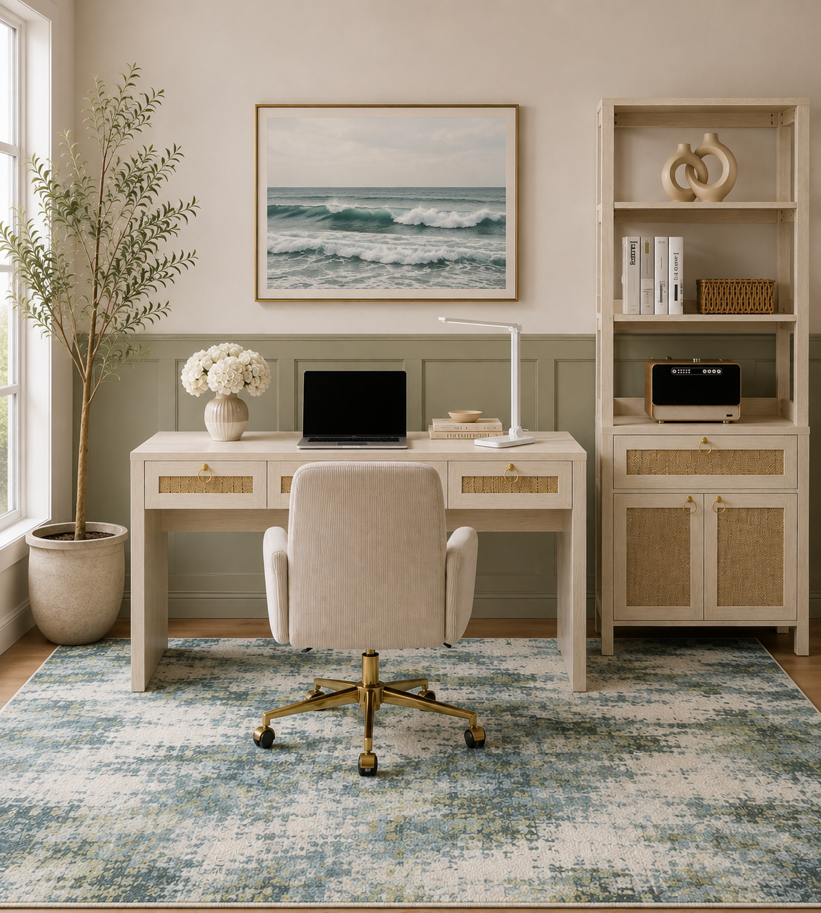 Home office Coastal con roble claro crema ratán y verde sage