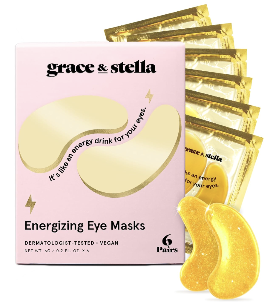 Mascarillas doradas Grace & Stella para el contorno de ojos en empaque rosa y dorado