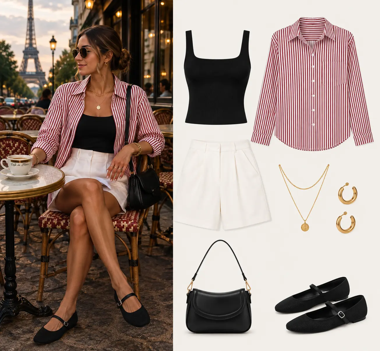 Look de café en París: camisa rosa de rayas abierta sobre tank negro, short blanco, Mary Janes negras y bolso negro