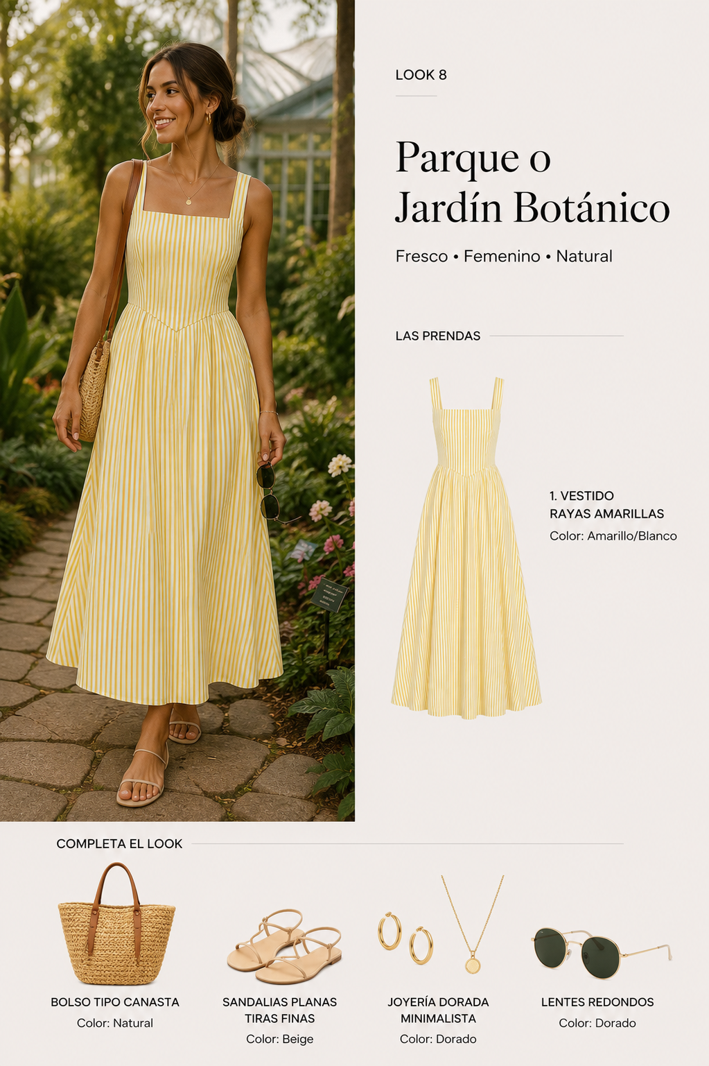 Look 8 con vestido maxi de rayas amarillas para una cita en un jardín botánico