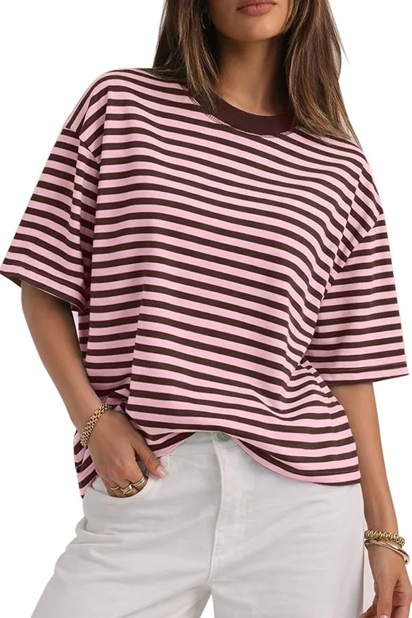 Camiseta oversized de rayas rosa y chocolate